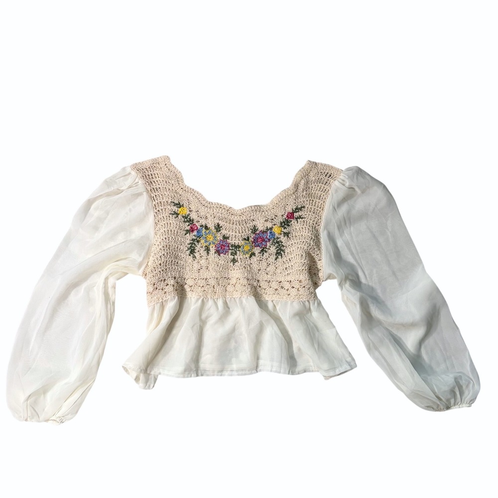 Vintage Style Crochet Floral Embroidered Crop Blouse White Sheer Balloon Sleeve